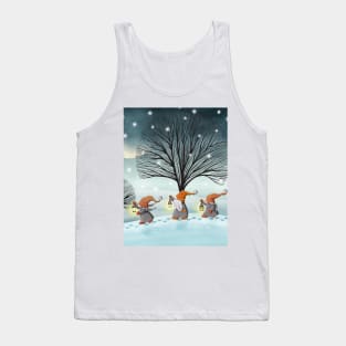 Scandinavian gnomes walking on snow hills with vintage lanterns. Fantasy watercolor illustration. Winter night forest. Moon night snowy landscape Tank Top